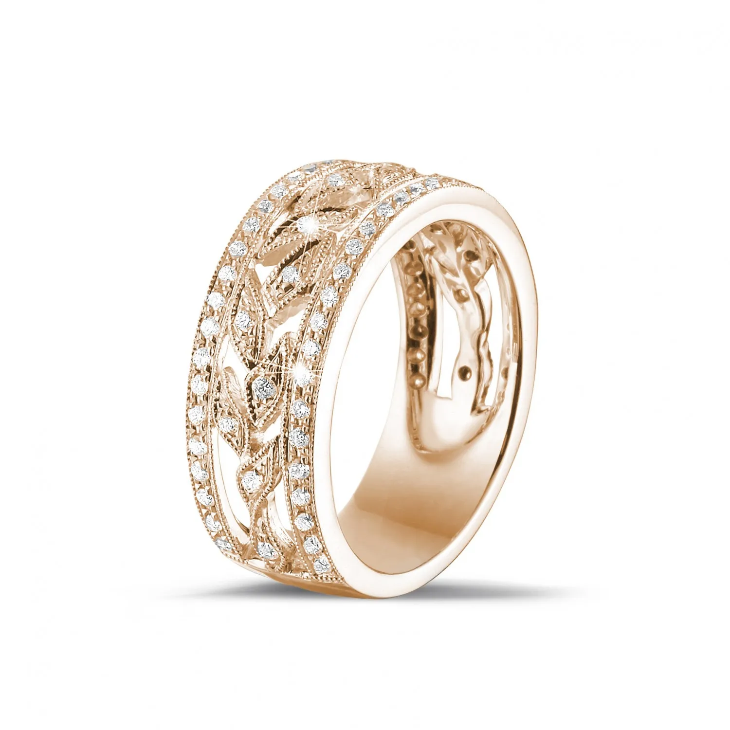 0.35 quilates alianza ancho floral en oro rosa con diamantes redondos 