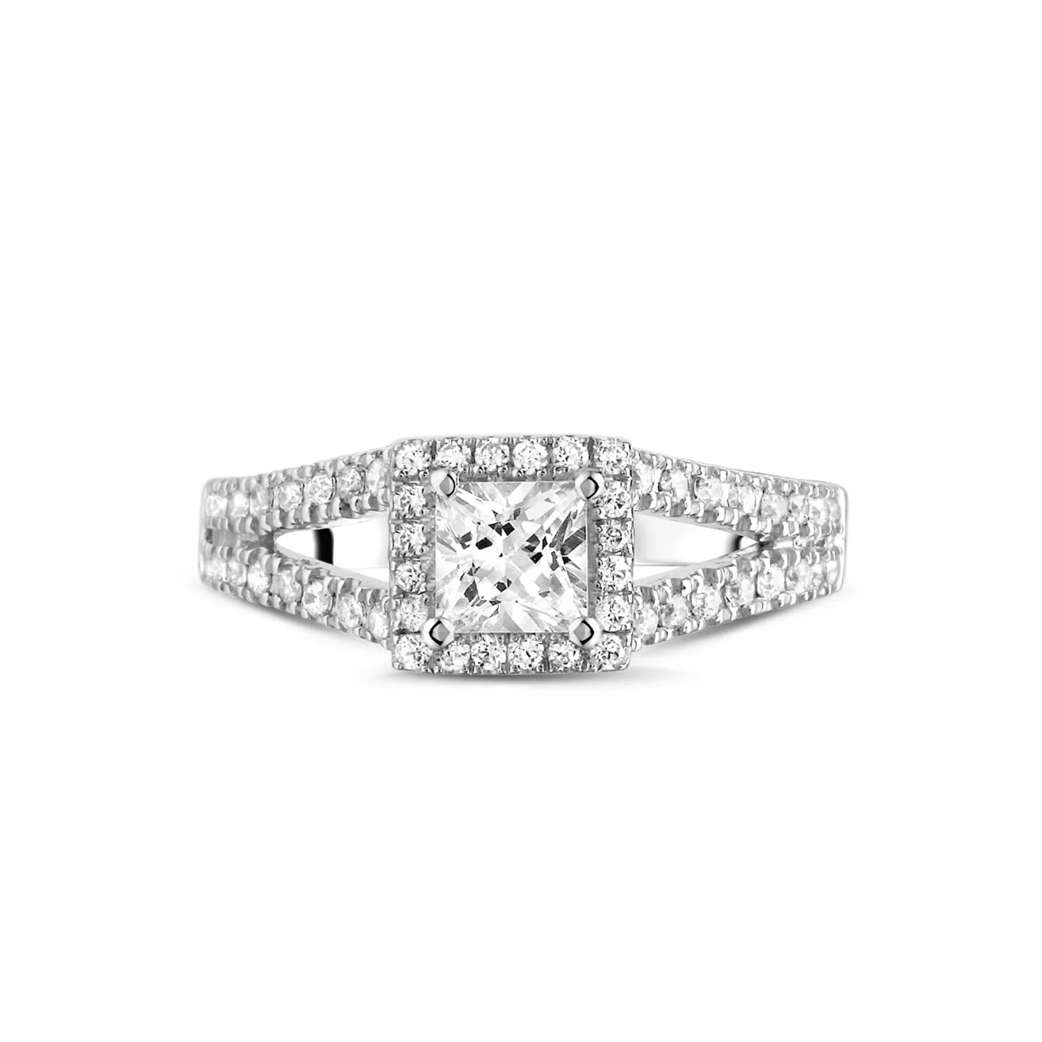 0.50 quilates anillo solitario en oro blanco con diamante talla princesa y diamantes laterales 