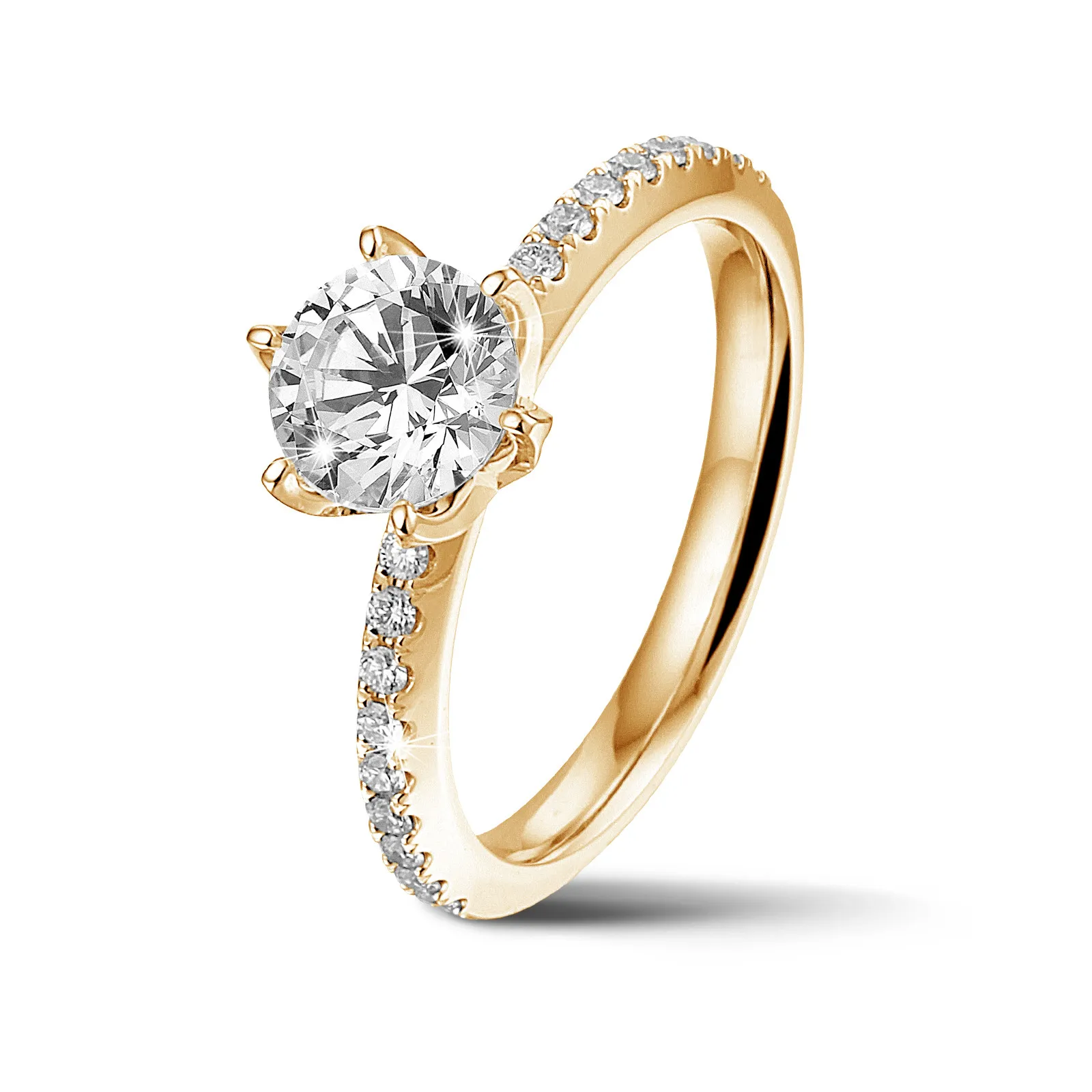 0.90 quilates anillo solitario en oro amarillo con diamantes en los lados 