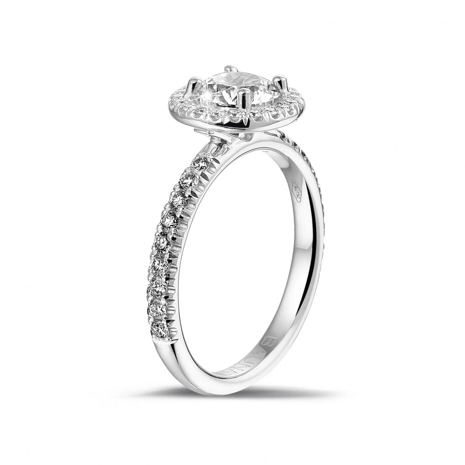 1.00 quilates halo anillo solitario en oro blanco con diamantes redondos 