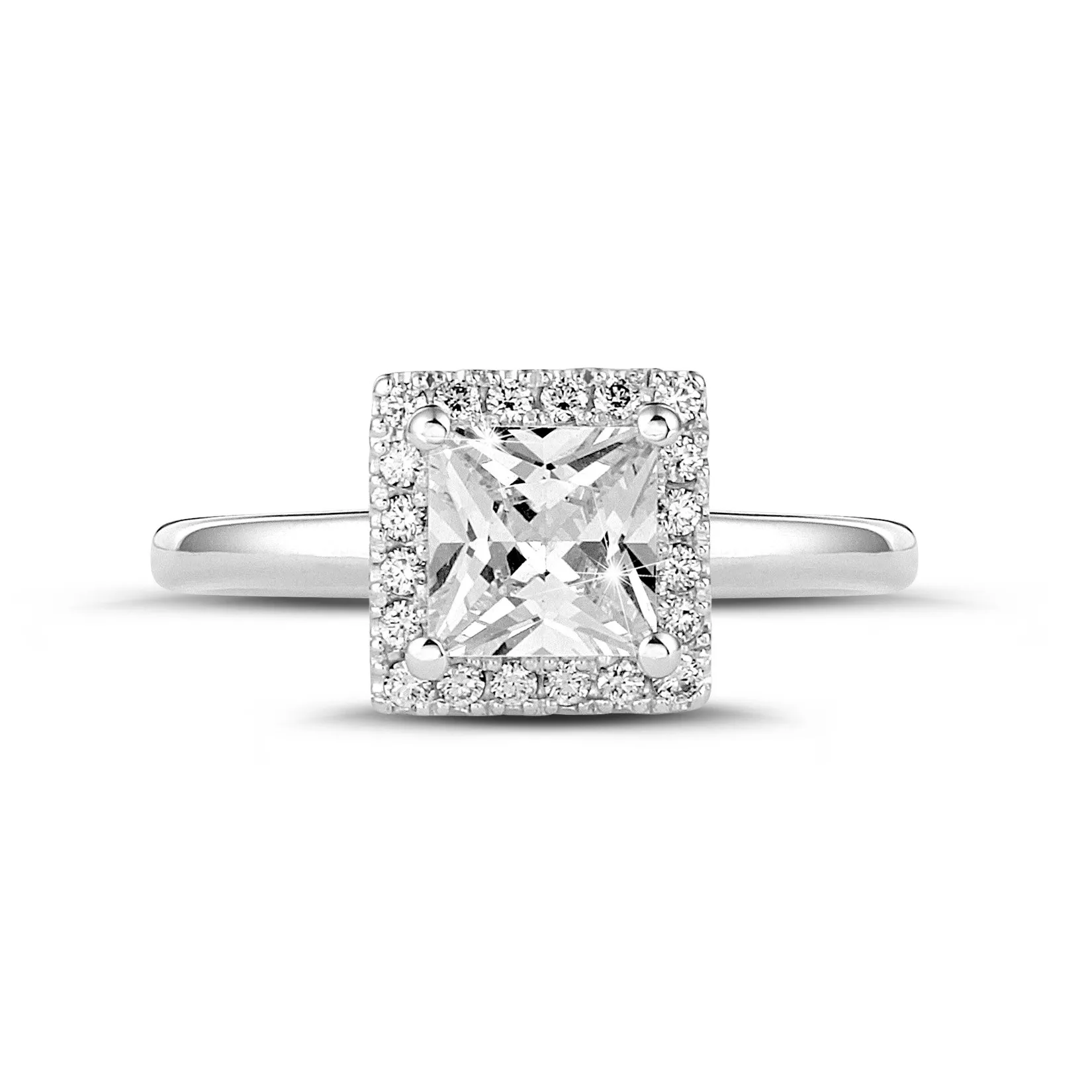 1.00 quilateshalo anillo solitario diamante princesa en oro blanco con diamantes redondos 
