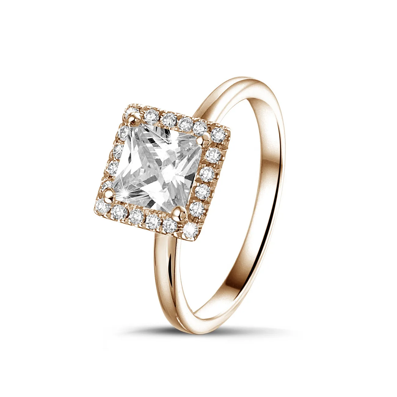 1.20 quilateshalo anillo solitario diamante princesa en oro rojo con diamantes redondos 