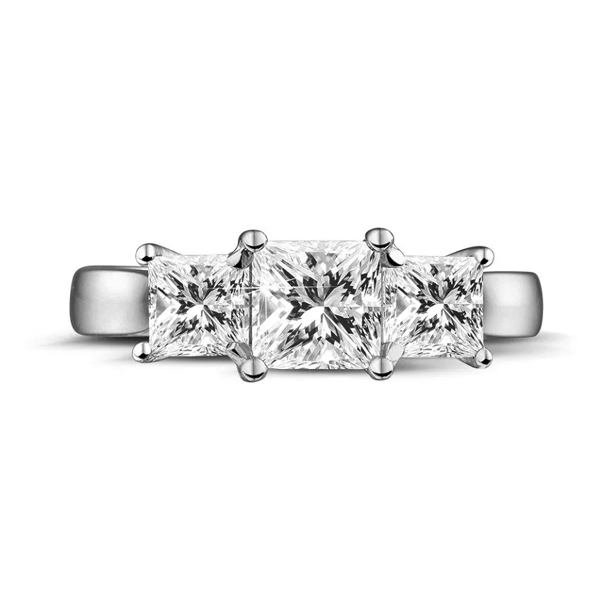 1.50 quilates anillo trilogía en oro blanco con diamantes talla princesa 