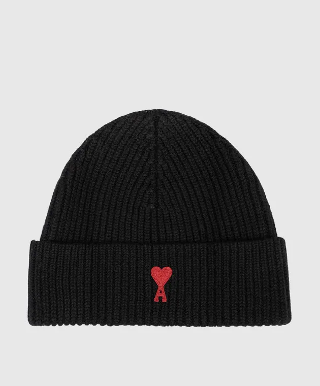 Ami Paris Black wool cap with Ami de Coeur embroidery