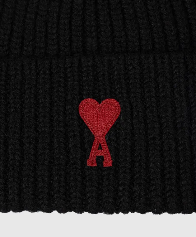 Ami Paris Black wool cap with Ami de Coeur embroidery