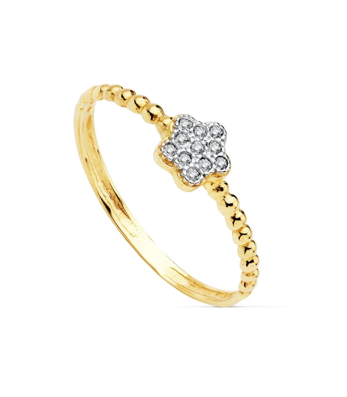 Anillo Slim Bolas Mujer Oro Bicolor 18K Flor