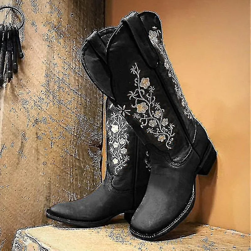 Botas vaqueras de mujer Clásica western bordada pantorrilla ancha dedo del pie botas vaqueras cuadradas Botas vaqueras modernas 