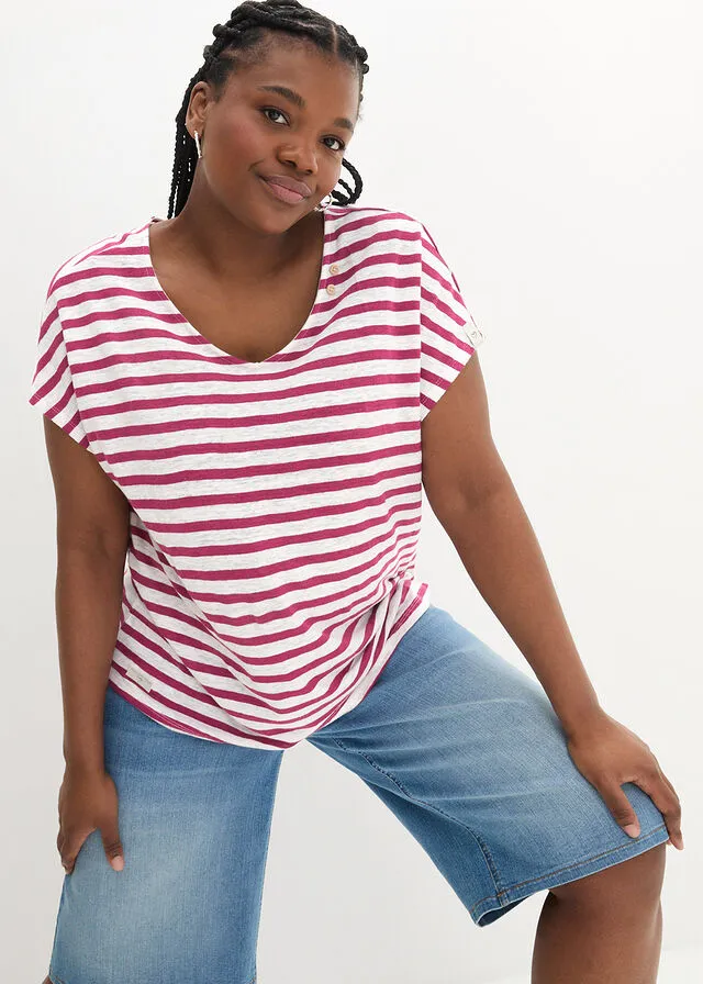 Camiseta de lino con mangas de murciélago y escote en V Violeta/blanco de rayas