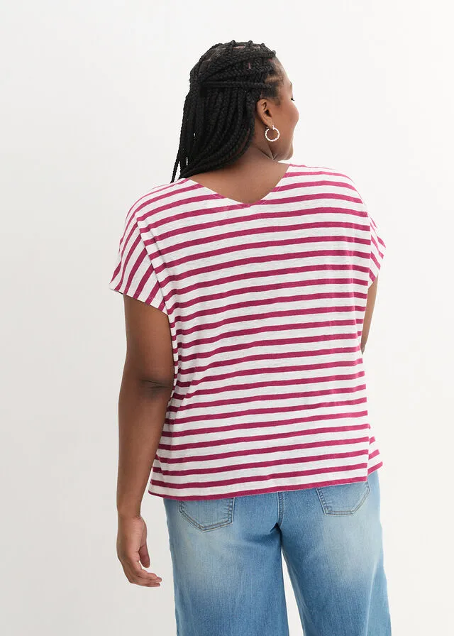 Camiseta de lino con mangas de murciélago y escote en V Violeta/blanco de rayas