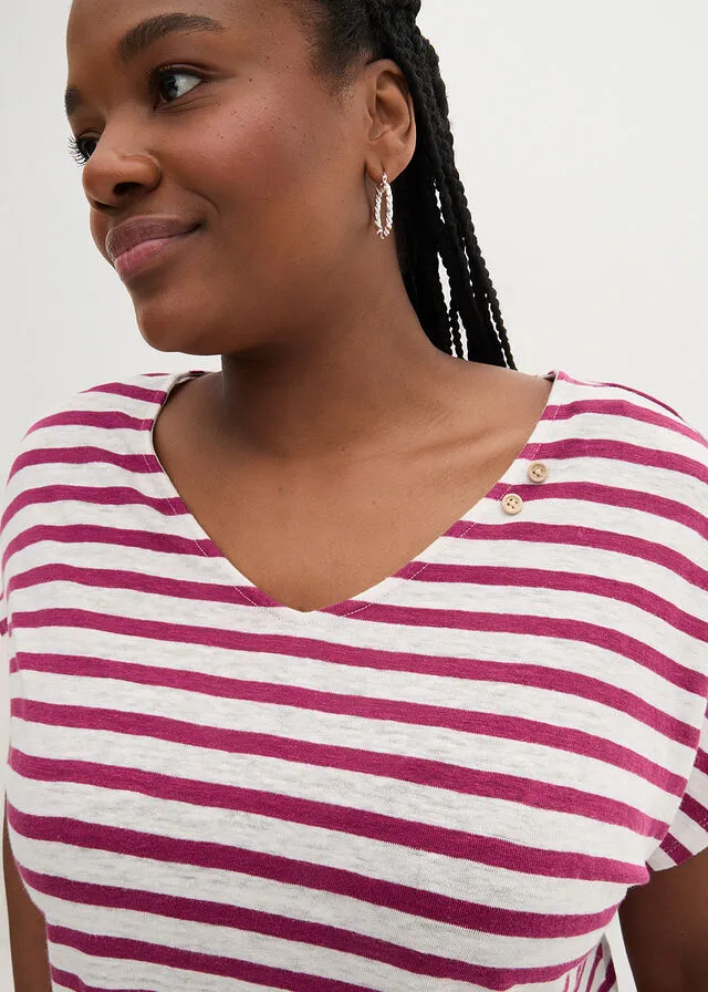 Camiseta de lino con mangas de murciélago y escote en V Violeta/blanco de rayas