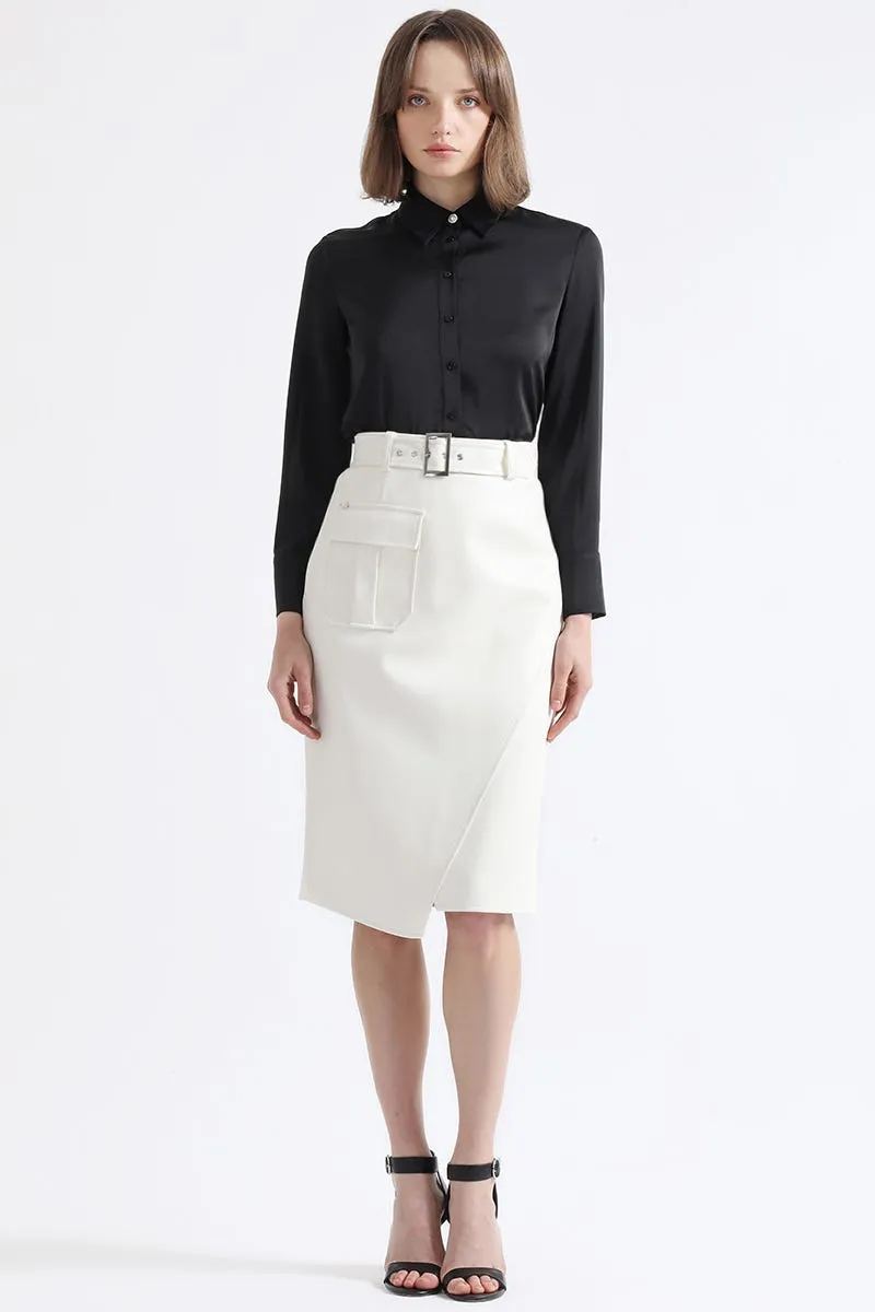 FALDA MIDI ASIMETRICA, SIMIL CUERO, CRUDO