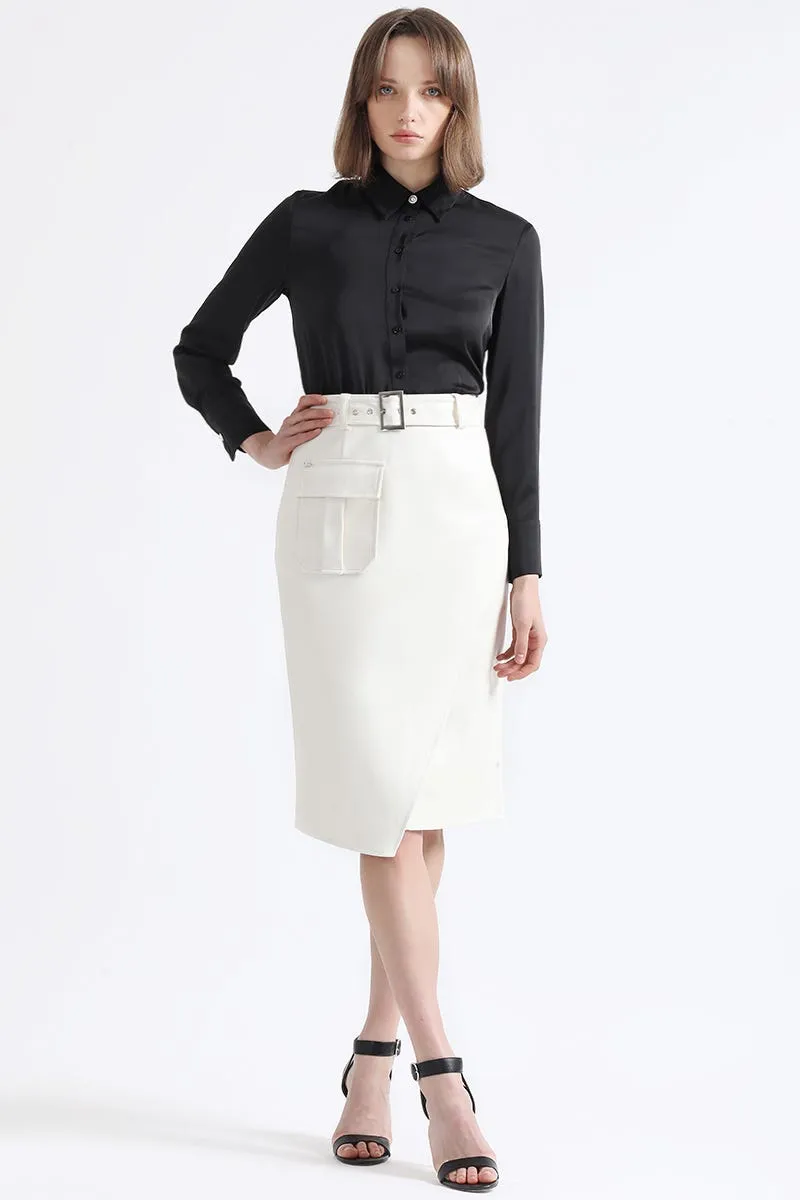 FALDA MIDI ASIMETRICA, SIMIL CUERO, CRUDO