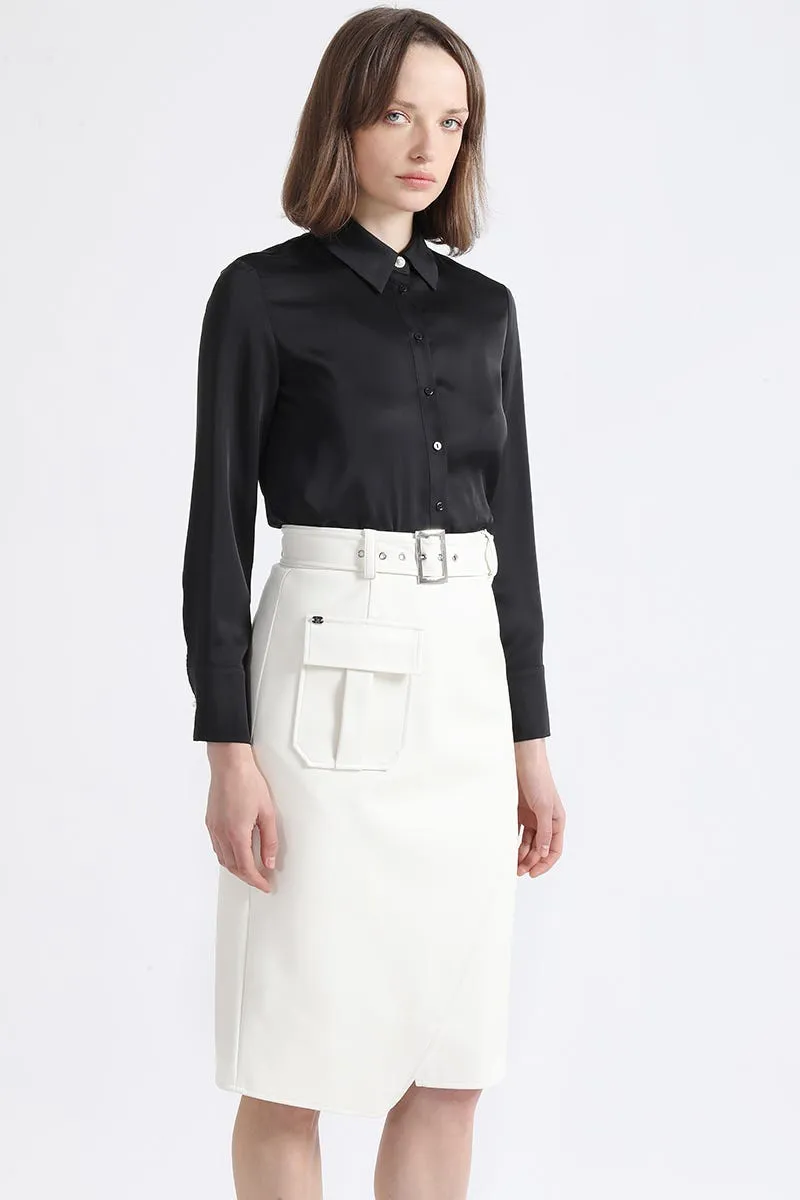 FALDA MIDI ASIMETRICA, SIMIL CUERO, CRUDO