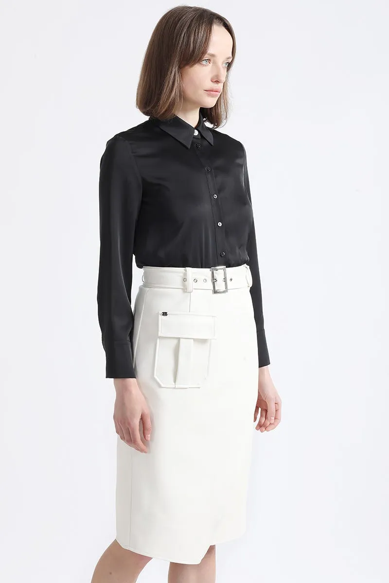 FALDA MIDI ASIMETRICA, SIMIL CUERO, CRUDO