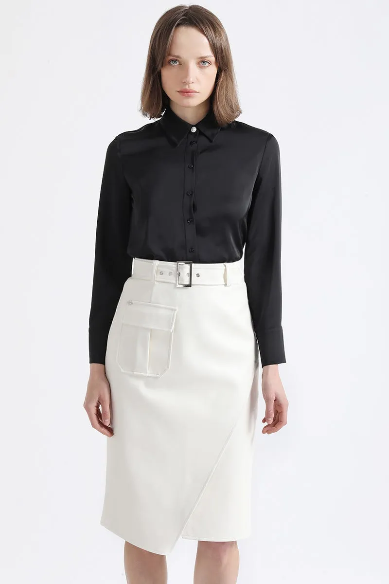 FALDA MIDI ASIMETRICA, SIMIL CUERO, CRUDO