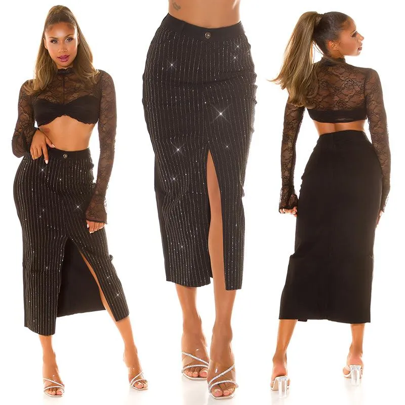 Falda midi Jeans con pedrería negro
