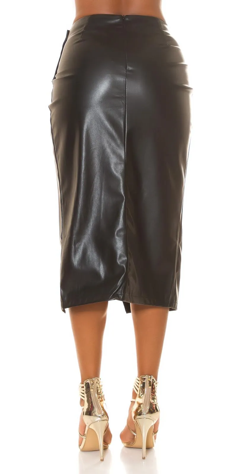Falda midi semi piel y abertura negro