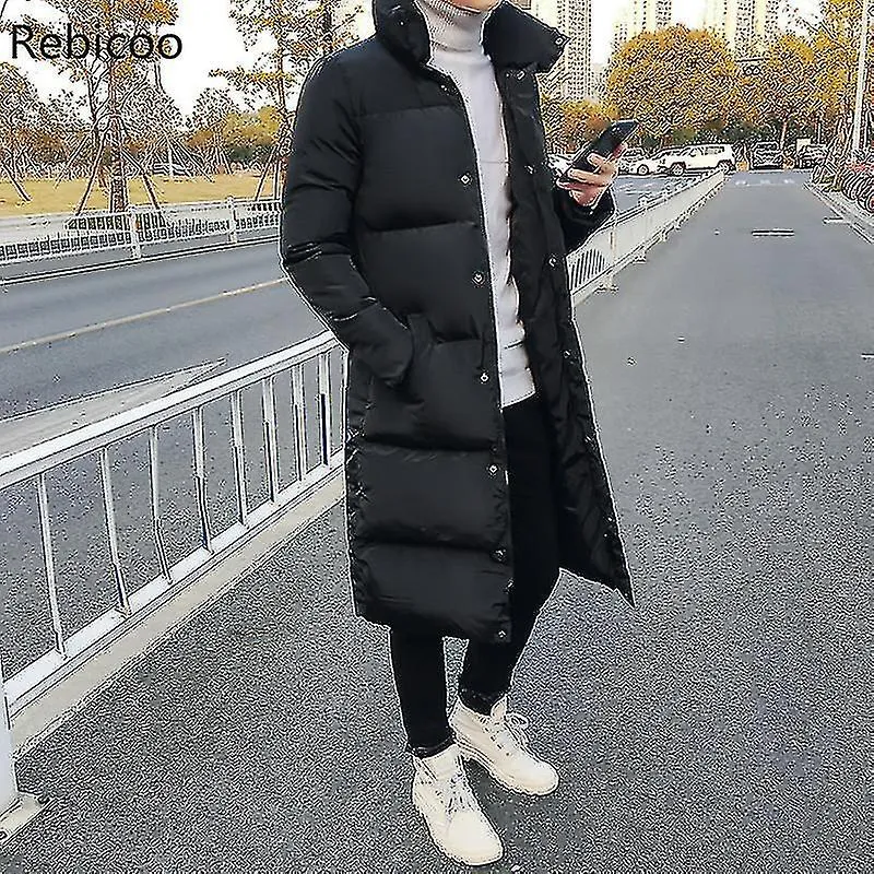 Hombre Chaqueta Larga Abajo Abrigo Lujo Invierno Negro Sólido Parkas Hombres Plus Size 4xl Grueso Cálido Slim Fit Abrigo Masculi