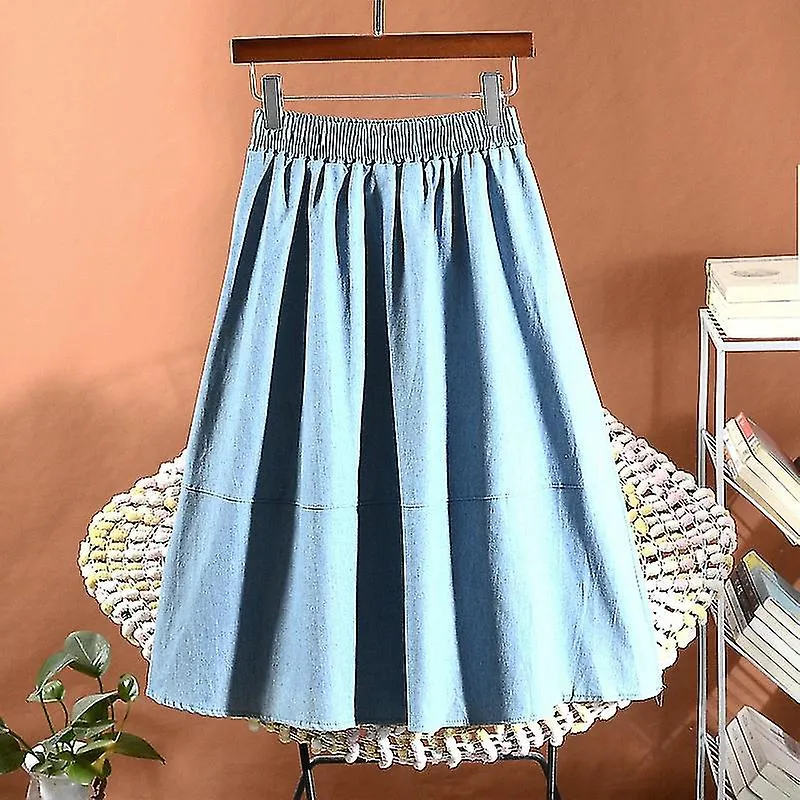 KNEELENGTH DENIM SKIRT WOMEN  SUMMER KOREAN FASHHION ELASTIC WAIST A LINE HIGH WAIST VINTAGE JEAN SKIRT FEMALE