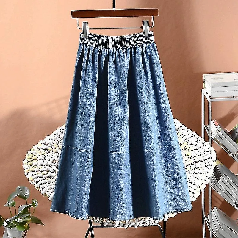 KNEELENGTH DENIM SKIRT WOMEN  SUMMER KOREAN FASHHION ELASTIC WAIST A LINE HIGH WAIST VINTAGE JEAN SKIRT FEMALE
