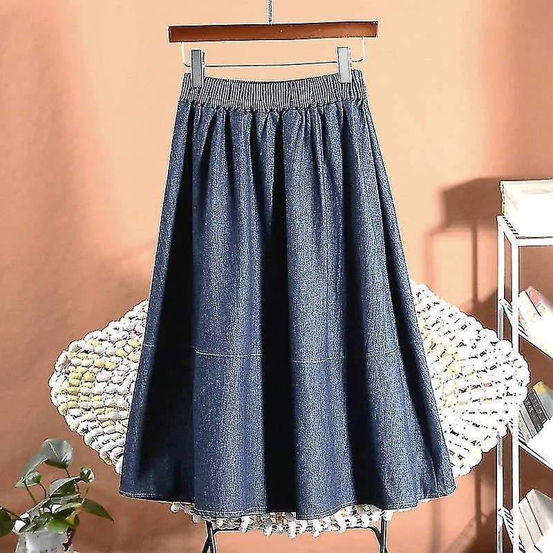 KNEELENGTH DENIM SKIRT WOMEN  SUMMER KOREAN FASHHION ELASTIC WAIST A LINE HIGH WAIST VINTAGE JEAN SKIRT FEMALE