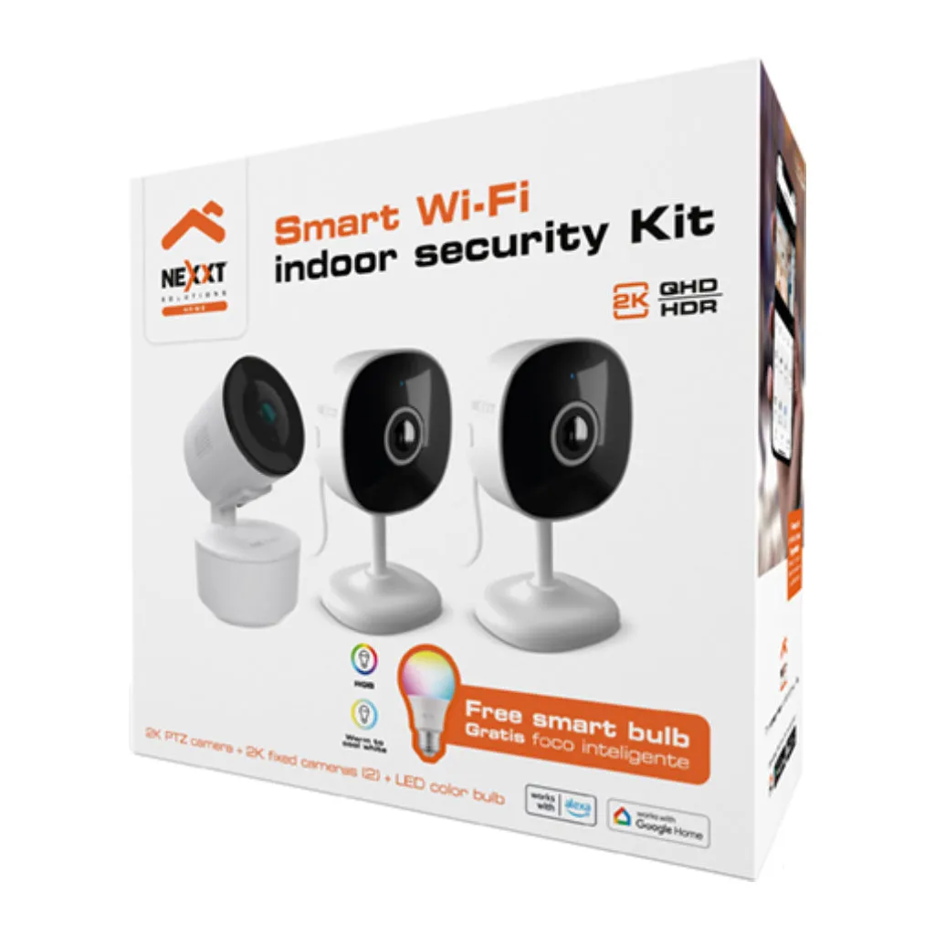 NEXXT SOLUTIONS KIT SMART HOME CáMARA INTELIGENTE WIFI DE 2K PARA INTERIOR  + CáMARA INTELIGENTE WIFI + BOMBILLO INTELIGENTE, 