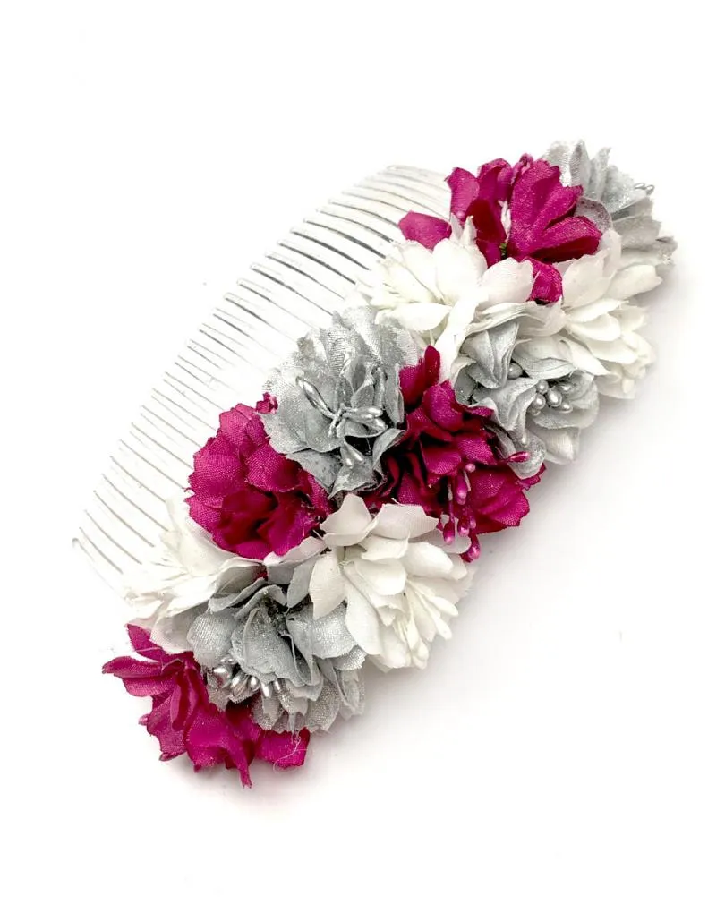 PEINETAS FLORES DE INVITADA EN BLANCO, BUGAMBILIA Y GRIS PLATA
