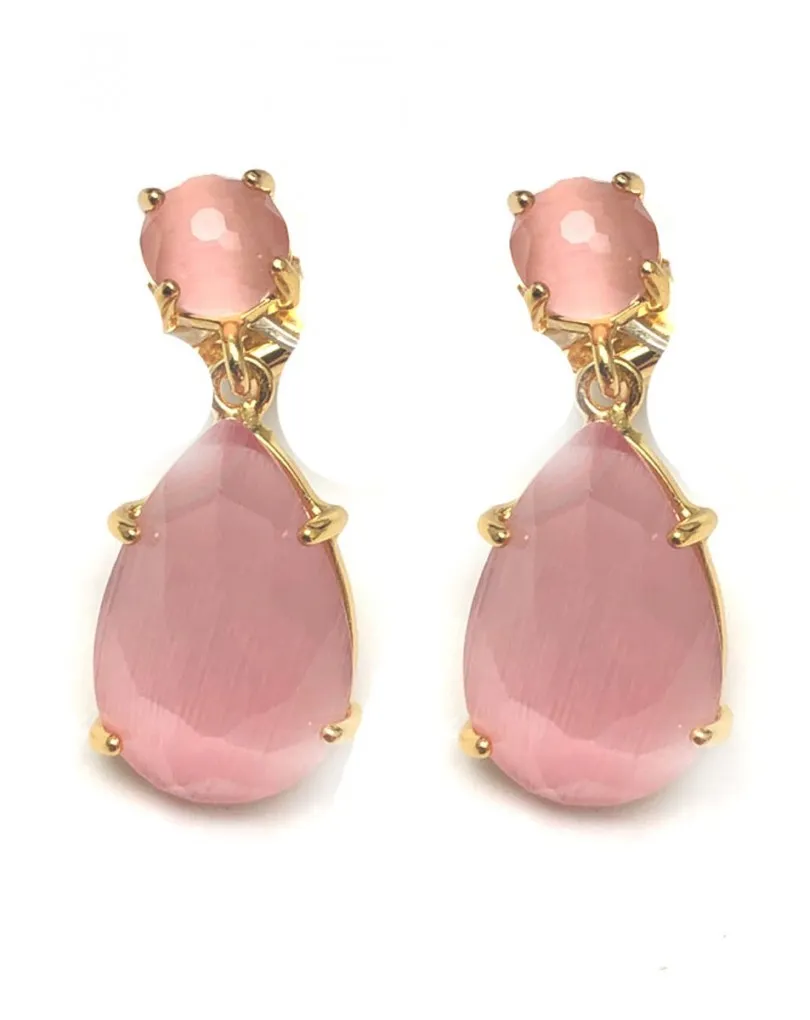 PENDIENTES ORO CHAPADO PIEDRAS ROSAS BISUTERIA FINA ONLINE