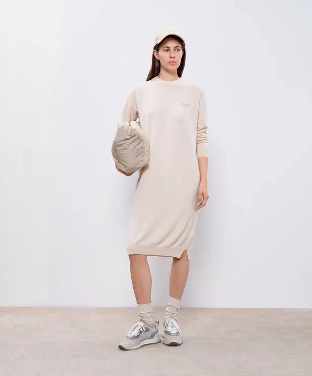 Peserico Beige wool, silk and cashmere dress with monil chain