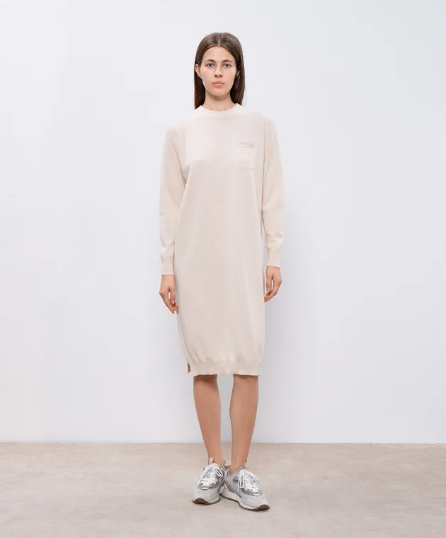 Peserico Beige wool, silk and cashmere dress with monil chain