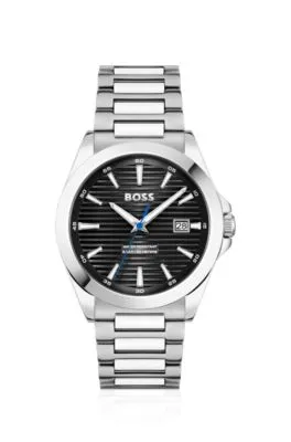 Reloj plateado con esfera negra ranurada