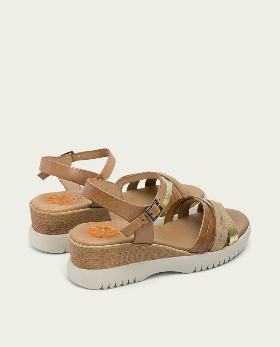 SANDALIA CUÑA PIEL TAUPE PLATINO ELA