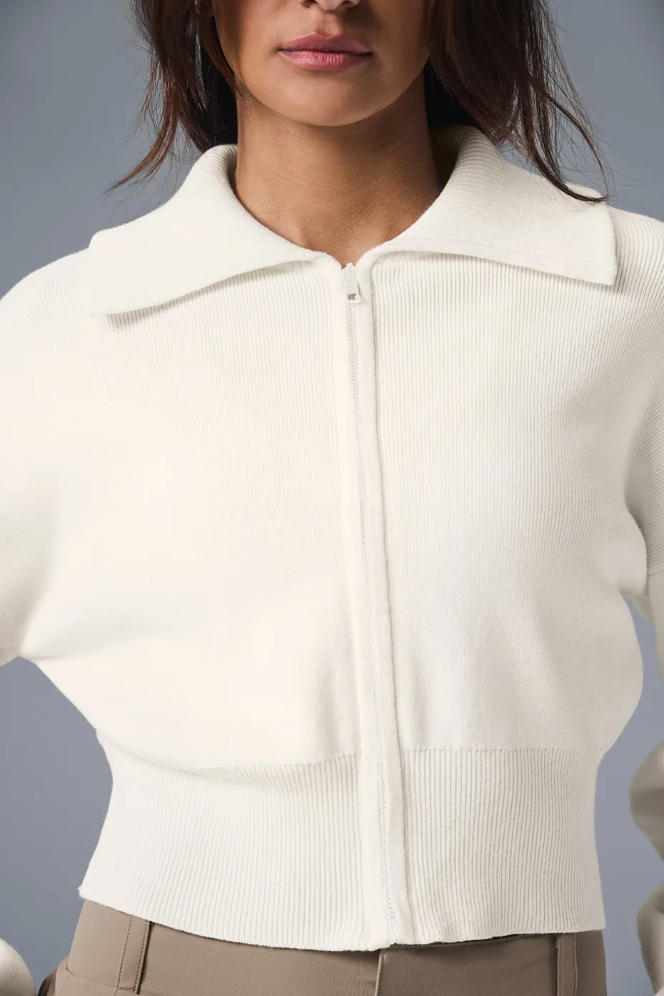 SCHOLAR KNIT CROPPED FULL ZIP JACKET  IVORY