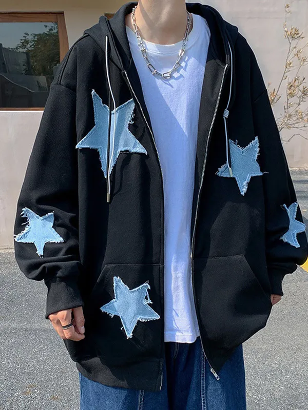 Sudadera con capucha y cremallera con parche de estrella para hombre