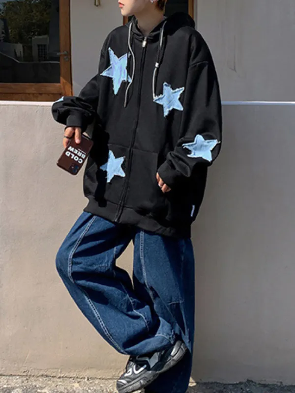 Sudadera con capucha y cremallera con parche de estrella para hombre