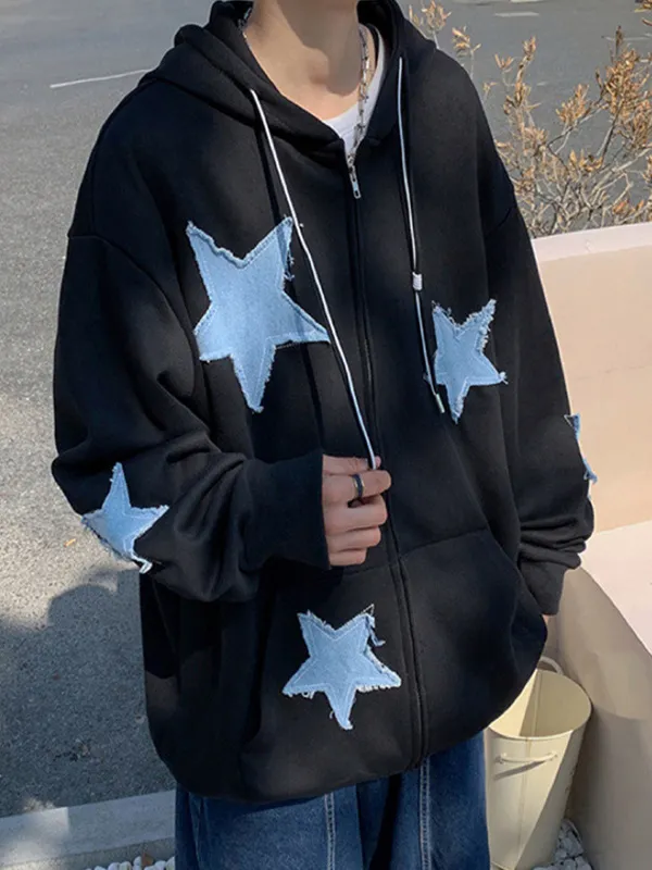 Sudadera con capucha y cremallera con parche de estrella para hombre