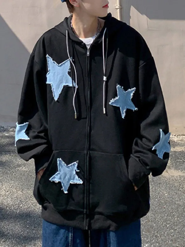 Sudadera con capucha y cremallera con parche de estrella para hombre