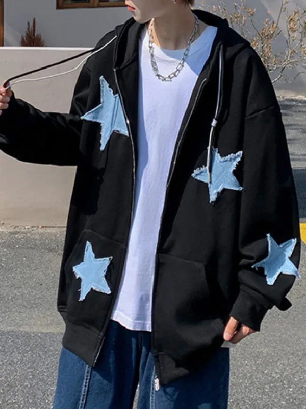 Sudadera con capucha y cremallera con parche de estrella para hombre