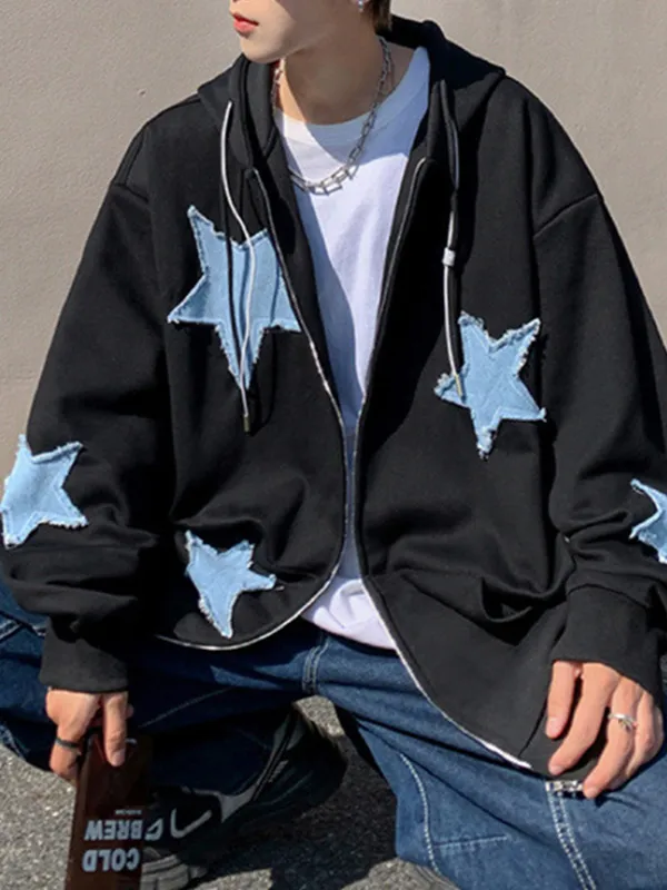 Sudadera con capucha y cremallera con parche de estrella para hombre