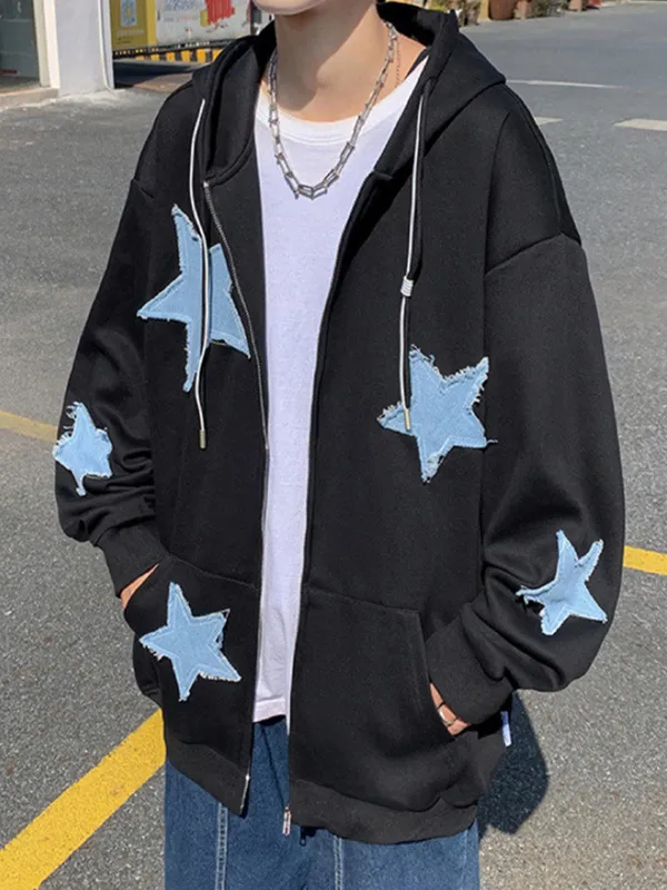 Sudadera con capucha y cremallera con parche de estrella para hombre