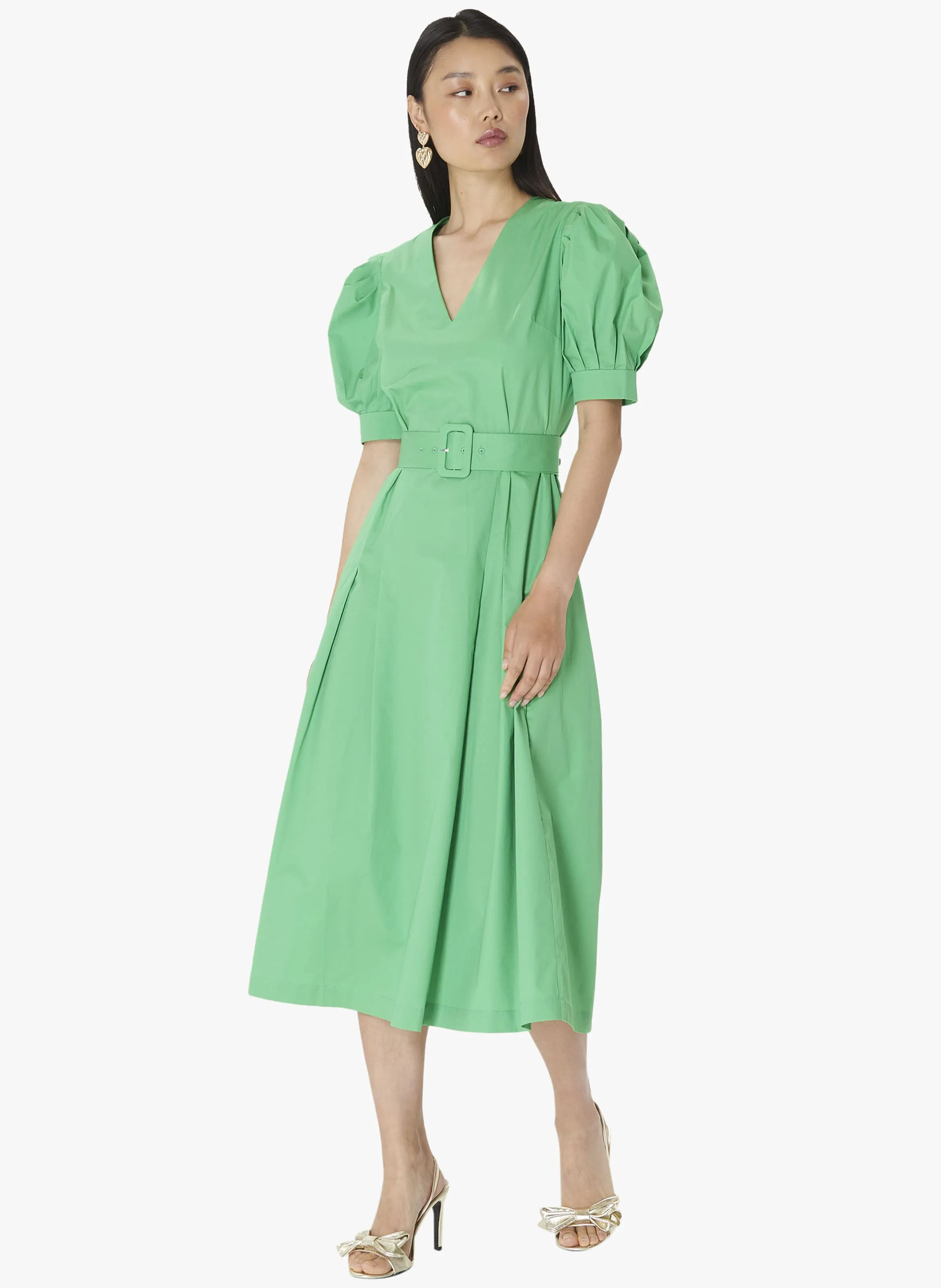 TARA JARMON RANYA  VESTIDO MIDI CON CUELLO EN V Y FALDA EVASé DE ALGODóN ORGáNICO EN VERDE