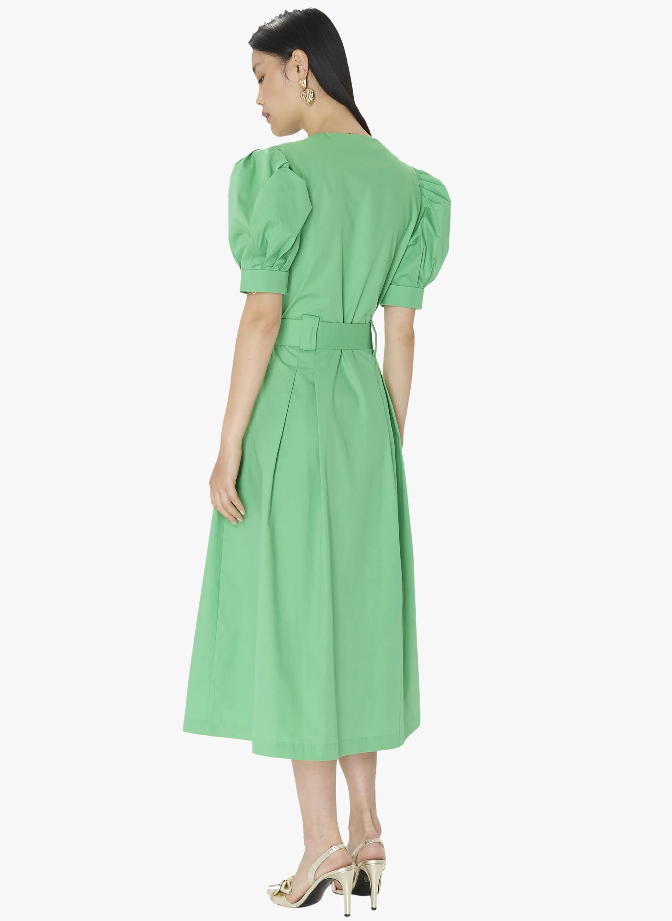 TARA JARMON RANYA  VESTIDO MIDI CON CUELLO EN V Y FALDA EVASé DE ALGODóN ORGáNICO EN VERDE