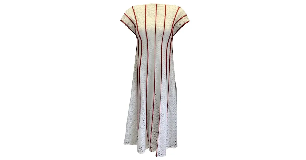 Tory Burch Blanco / Vestido midi de algodón con ojales de nido de abeja rojo 