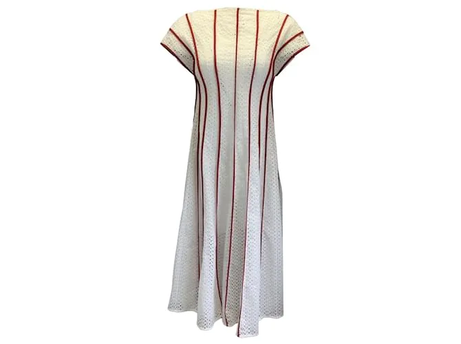 Tory Burch Blanco / Vestido midi de algodón con ojales de nido de abeja rojo 