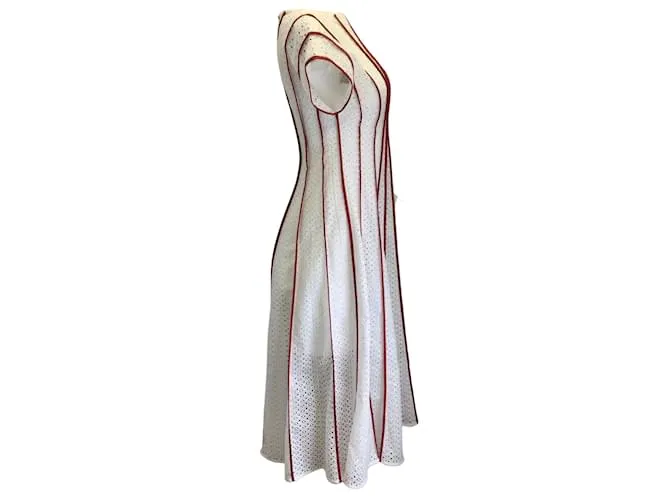 Tory Burch Blanco / Vestido midi de algodón con ojales de nido de abeja rojo 